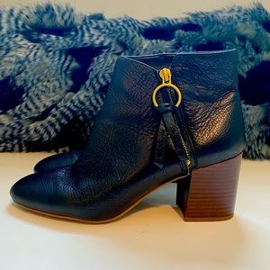 Franco Sarto black leather stacked boots